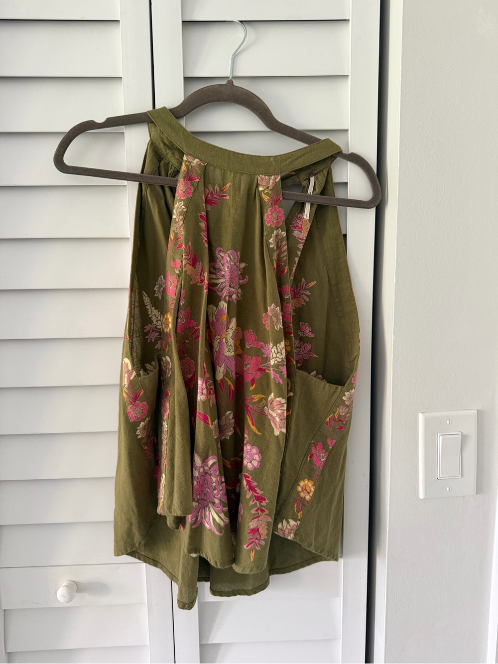 Free People Olive Green Floral Halter Tank with Pink Accents